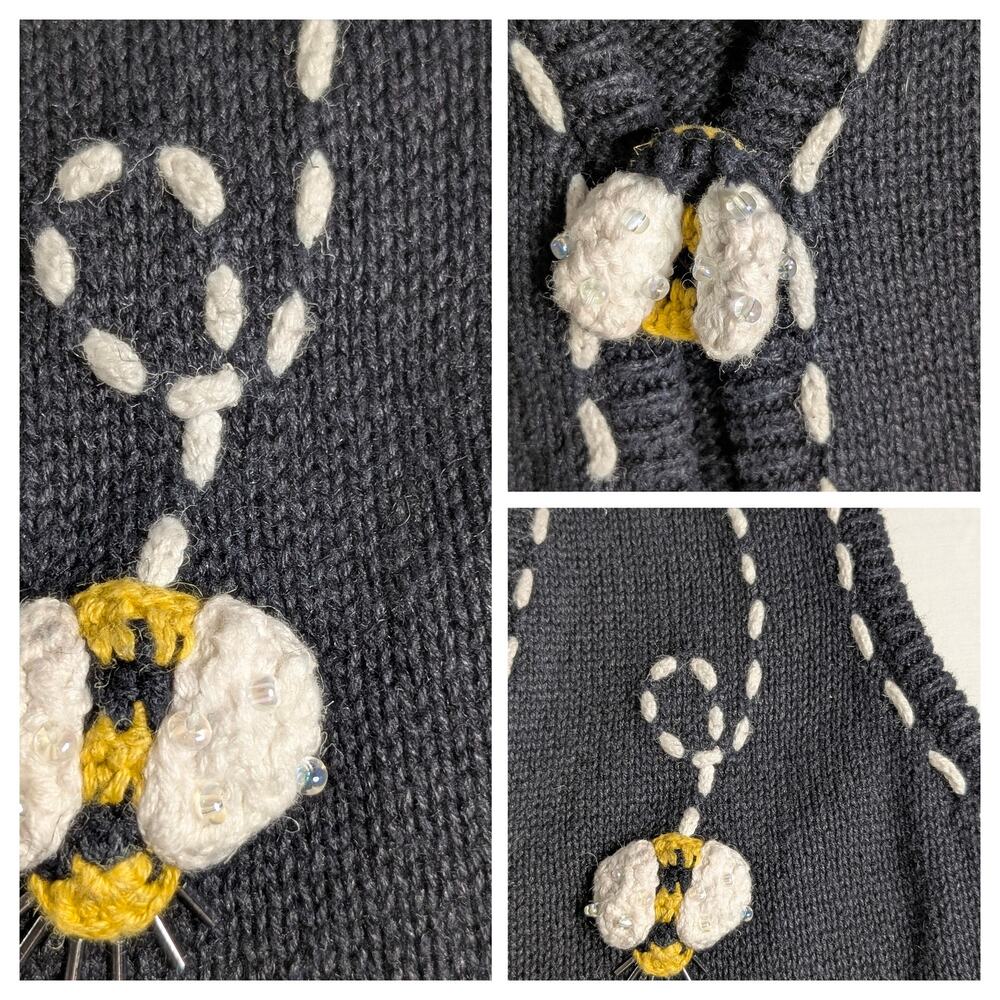 Mandal Bay Vintage 90s Knit Vest Lrg Cottagecore Beaded Bumble Bee Daisy Floral - Picture 4 of 12